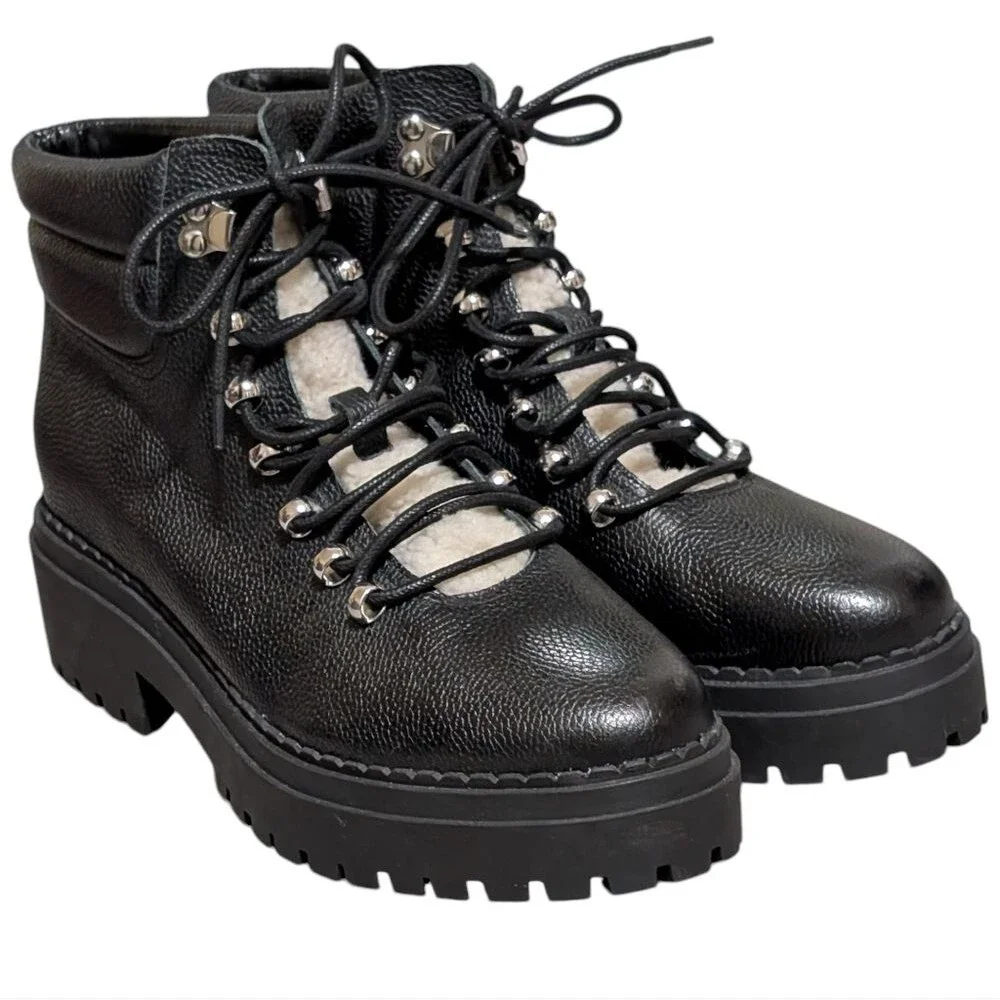 Marc Fisher black leather boot size 10M hiking lug sole faux shearling Nairy